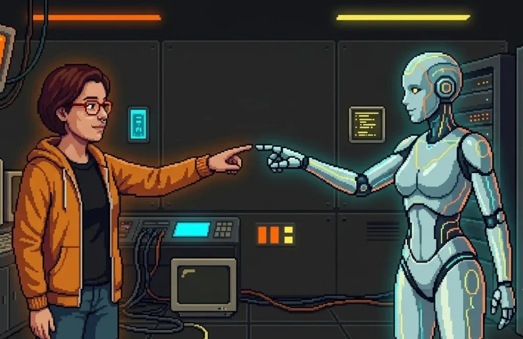 Pixel art illustration of Jenniffer Cubillos touching fingertips with a humanoid AI in a room full of retro technology, monitors, cables, and a small spider-like robot