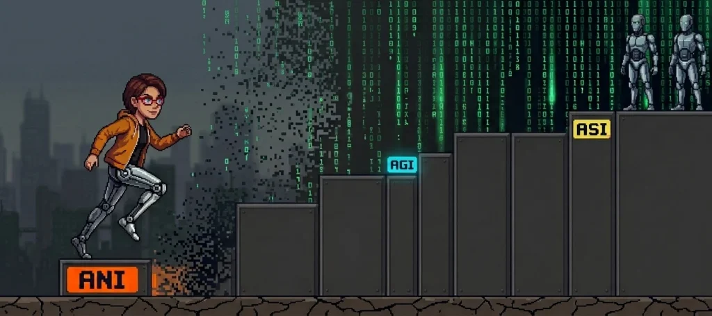 Pixel art illustration of a three-step ascending staircase, the first step labeled ANI on solid ground, the second AGI in fog, the third ASI among stars, representing the move from real to speculative
