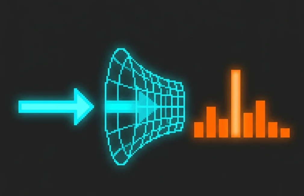 Pixel art diagram of a vector entering a funnel-shaped grid and transforming into a probability distribution of bars