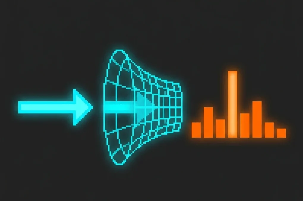 Diagrama pixel art de un vector entrando en una matriz en forma de rejilla y transformándose en una distribución de barras de probabilidad
