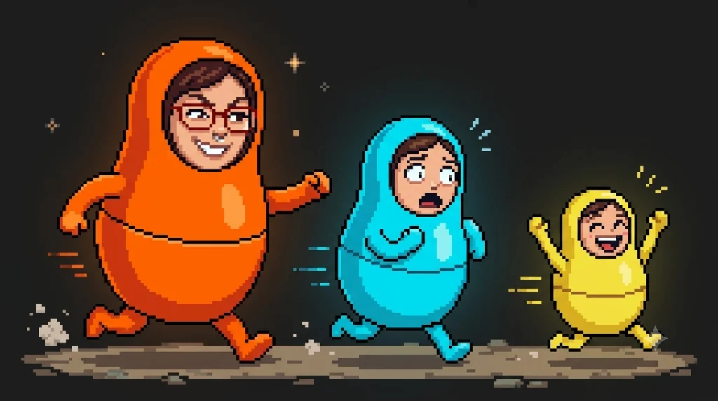 Qué es la IA: Tres muñecas rusas persiguiéndose entre sí, la naranja con cara de picardía persiguiendo a la cian asustada, mientras la amarilla corre delante riendo