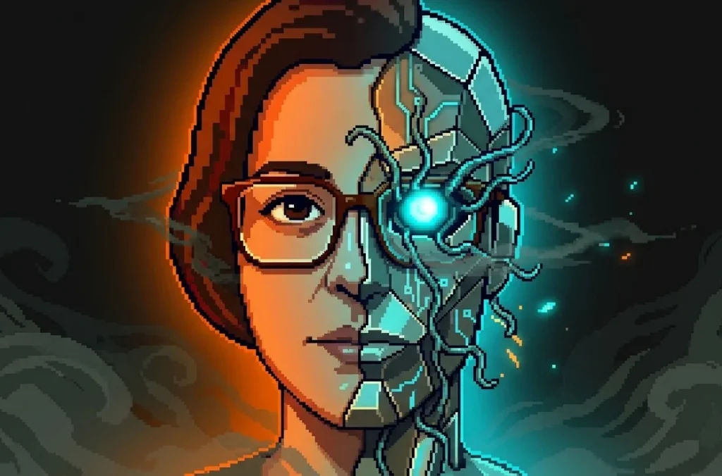 Pixel art portrait, half human half technological, header for the AI series