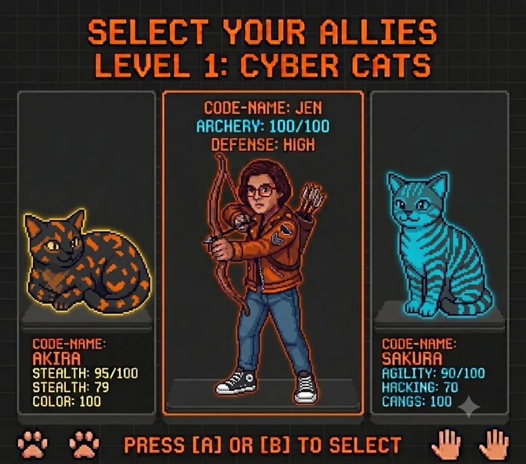 pixel art avatar of Jenniffer with her two cats
