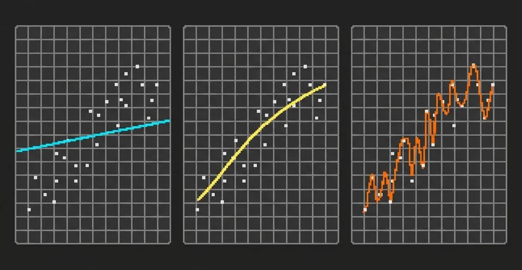 Training a model. Three-panel pixel art diagram with a curve that is too simple, one that is balanced, and one twisted through every point