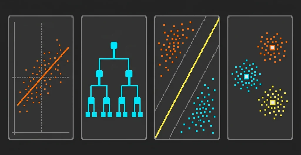 Classic machine learning algorithms.Four-panel pixel art diagram showing the visual idea behind regression, decision trees, SVM and k-means