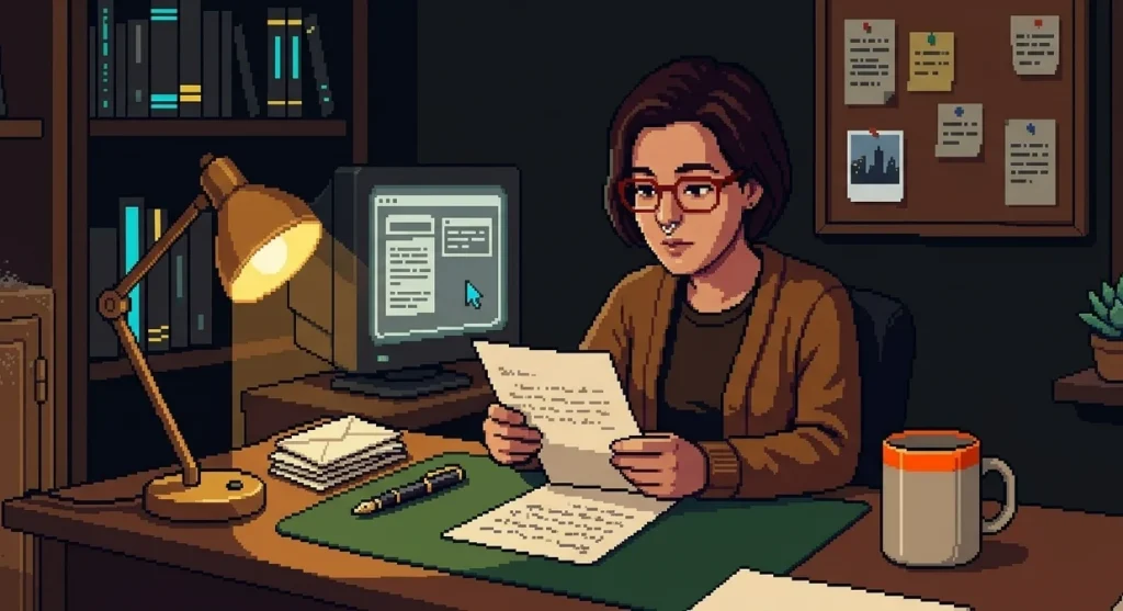Anécdotas laborales: Ilustración pixel art de una mujer con gafas rojas leyendo una carta a mano en un escritorio con lámpara, ordenador retro y una ciudad nocturna de fondo.