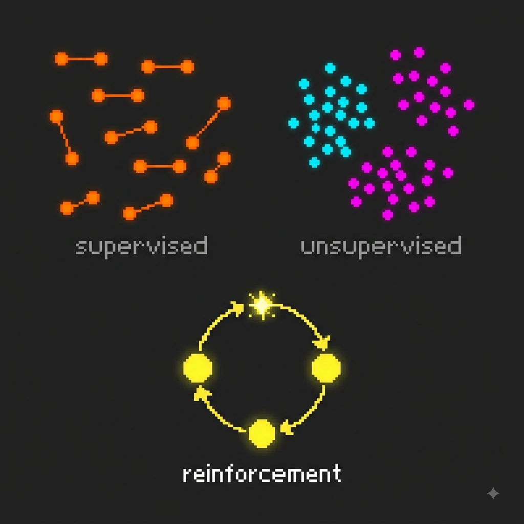 Types of machine learning. Pixel art diagram of three panels comparing supervised, unsupervised, and reinforcement learning