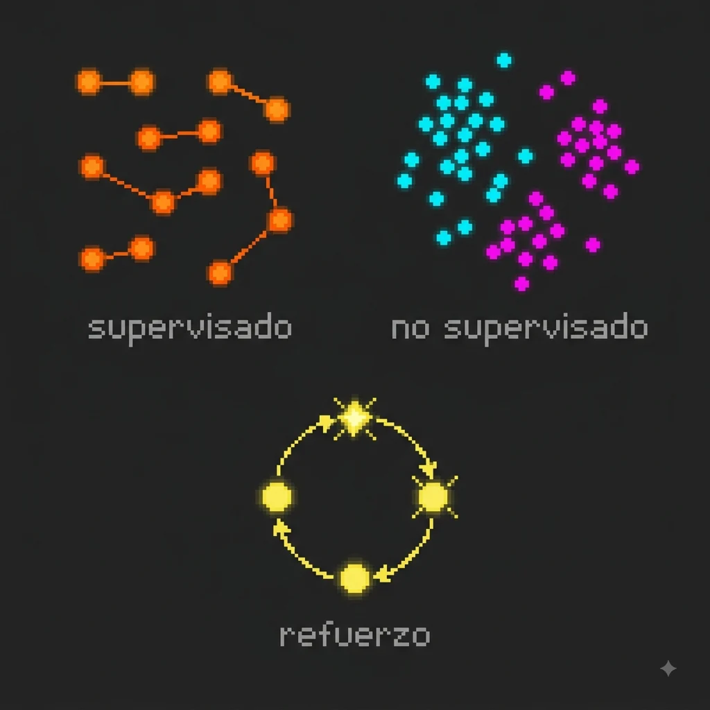 Tipos de aprendizaje. Diagrama pixel art de tres paneles comparando aprendizaje supervisado, no supervisado y por refuerzo